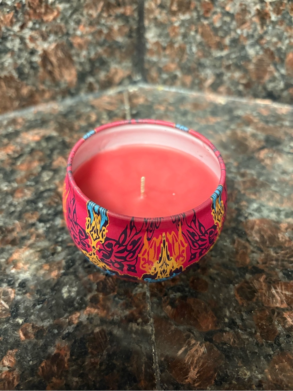 Handmade upcycled Pink candle with flame design, scent is pink berry